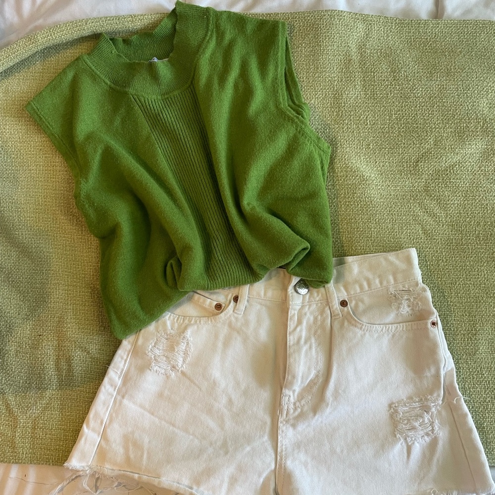 Green Sleeveless Top and White Distressed Shorts
